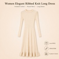 Robe longue côtelée pour femme, col rond, manches longues, coupe ajustée, style décontracté chic, ourlet à volants, vente en gros OEM ODM, collection automne