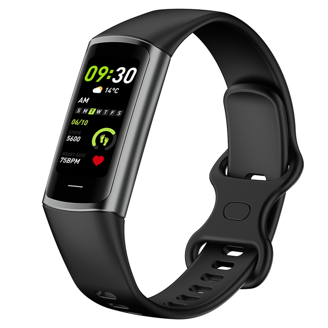 1.1'' AMOLED Display Fitness Tracker Heart Rate Sleep Monitor Remote Control Temperature SpO2 Monitoring Waterproof IP67 App