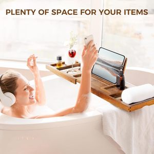 Plateau de bain pliable de luxe plateau de baignoire en teck avec poignées extensibles verre à vin et supports de téléphone support de <span class=keywords><strong>livre</strong></span> - Product Image 2