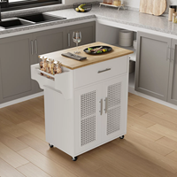 Chariot îlot central de cuisine en bois sur roues armoire de cuisine roulante avec porte en rotin, porte-serviettes, porte-épices et tiroir, blanc