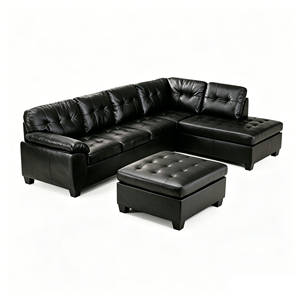 Modern L-Shaped Extendable Convertible Air Leather Sectional <b>Sofa</b> Set with Tufted Design and Storage Ottoman - Product Image 5