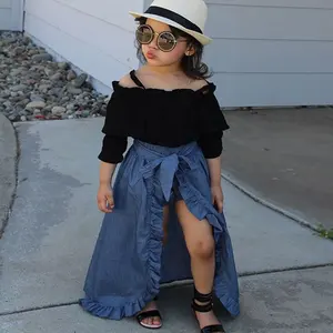 Baby Girl Kleidung Sets Spitze Off-Shoulder Langarm Black Tops Shorts Bowknot Denim Langrock 3pcs Girls Outfits