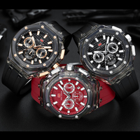 Reloj de Pulsera Deportivo Casual para Hombre, con Caja Octogonal Transparente, Cronógrafo de Cuarzo, Esfera con Marcadores Coloridos, Correa de Silicona, Resistente al Agua