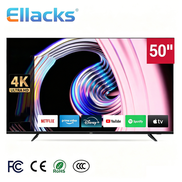 Ellacks Frameless Pixel Custom 50 Inch 4K Ultra HD LED QLED Android Google for Smart TV 60Hz Black Flat Screen Hotel Home