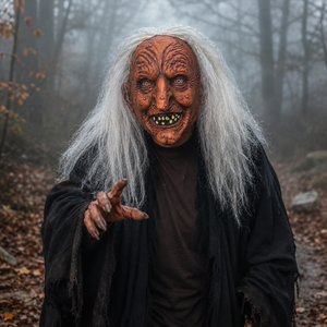 Masque de sorcière effrayant en latex, tête entière, tendance 18+, pour cosplay du Ramadan, avec longs cheveux blancs, nez en crochet, visage plissé et dents jaunes - Product Image 1