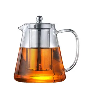 950毫升圆形玻璃茶壶，耐热硼硅酸盐玻璃手工茶壶套装，带不锈钢过滤器