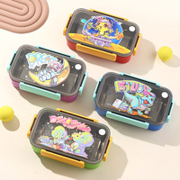 Boîte à lunch bento portable en plastique à double compartiment, anti-fuite, compatible micro-ondes, avec couvercle, motif dinosaure de dessin animé pour étudiants