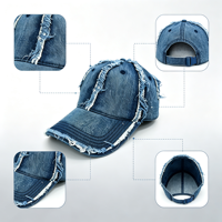 Casquette de baseball en jean vintage effet vieilli, bords effilochés, style urbain, protection solaire, en coton, coupe oversize à large bord, vente en gros