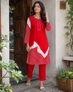 Fashion <b>Red</b> Bandhani Border Rayon Kurta Pant Set With Embroidery Comfortable Breathable Rayon Fabric Ethnic Outfit Suitable - Product Image 2