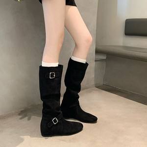 Nouvelles <span class=keywords><strong>Bottes</strong></span> Coréennes Tendance Automne/Hiver à Talon Caché de 5 <span class=keywords><strong>cm</strong></span>, Fermeture Élastique, Mi-mollet Amincissante, Semelle Extérieure en Caoutchouc - Product Image 2