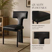Chaise de salle à manger moderne et écologique en cuir noir rembourré avec dossier en forme de T et pieds en métal