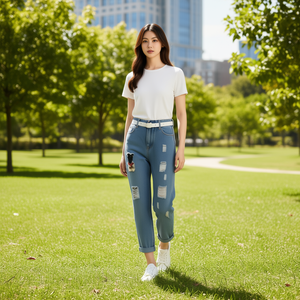 N049 Pantaloni in Denim da Donna a Vita Alta con Effetto Usurato, Cinque Tasche, Lunghezza alla Caviglia, Vestibilità Regolare, Stile Casual con Design Patchwork - Product Image 2