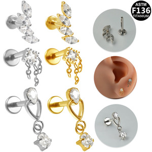 <b>Titanium</b> G23 Zircon Earrings Tassel <b>Chain</b> Heart Shape Party Fashion Piercing Jewelry - Product Image 1