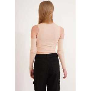 Blouse col rond en gros avec détails aux épaules, ornements en pierres, coupe courte décontractée, taille XS, en coton et mousseline imprimée, logo délavé, avec ceinture - Product Image 3