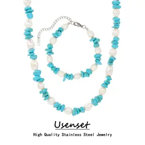 USENSET Stainless Steel Natural Turquoise Beaded Choker Necklace Bracelet High Quality Freshwater Pearl Necklace for Women