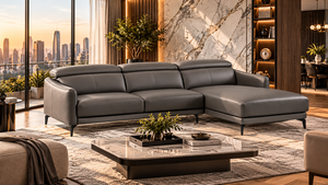 Sofá en Forma de L de Cuero Gris de Diseño con Extensión de Chaise Longue, Silueta Moderna, Cojines de Soporte, Muebles Residenciales Elegantes - Product Image 3