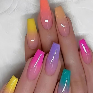 Faux ongles à presser effet cercueil, couleur bonbon dégradé arc-en-ciel, forme tube long et effilé, pré-finis, réutilisables, pour manucure de fête - Product Image 1