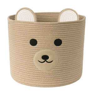 Bear Decorative Cotton Rope Toy Storage Basket <strong>Small</strong> Foldable Fabric Nursery <strong>Hamper</strong> Handles Brown Baby Laundry Basket Households - Product Image 1