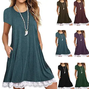 Women's Short Sleeve Lace Tunic Dress Summer T-Shirt Dress with Pockets