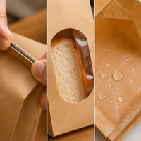 Sac en papier kraft à fenêtre avec fermeture à lien, fond plat, doublure PE de qualité alimentaire, 4 tailles, impression personnalisée OEM, emballage pour boulangerie, pain, café