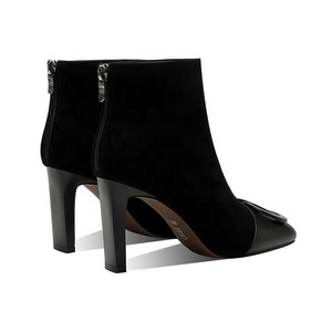 Bottines Western Formelles Noires en Daim pour <span class=keywords><strong>Femme</strong></span> avec Boucle, Bout Carré et <span class=keywords><strong>Talon</strong></span> Haut Rehaussant - Product Image 3