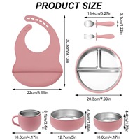 Ensemble de 7 pièces en acier inoxydable 304 pour l'alimentation des bébés et des tout-petits : assiettes et bol à ventouse avec compartiments, cuillère, fourchette et kit de sevrage en silicone