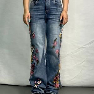 กางเกงยีนส์ลายดอกไม้ดีไซน์ใหม่สำหรับผู้หญิง กางเกงเดนิมปักลายตามสั่ง กางเกงทรงสกินนี่ลำลองแบบซักได้ - Product Image 5