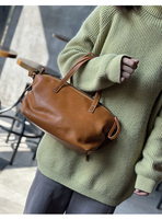 Tas Kulit Sapi Asli Berlogo Kustom, Model Boston Vintage untuk Wanita, Tas Selempang Kecil dengan Tali