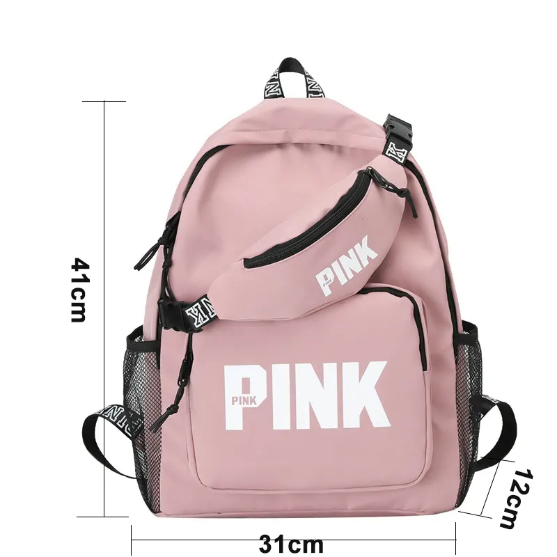 Pink backpack fashion bag waterproof durable women's backpacks with fanny pack school bags mochilas for students