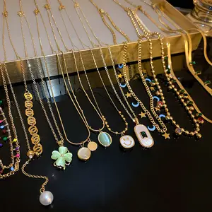 Korean Style Fashion Stainless Steel Emerald Zircon Geometric Necklace Luxury Butterfly Pearl Tassel Necklace for Women Jewelry