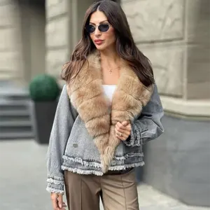 Sıcak satış özel tilki kürk ceket büyük boy moda Denim kürk ceket kadın kürk yaka