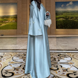 Wholesale 3D Butterflies Embroidery Flare Sleeve Muslim Dress Dubai Wedding <b>Kaftan</b> Bridal Satin Abaya - Product Image 2