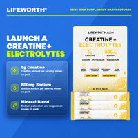 LIFEWORTH Creatina Electrolitos en Sobres, Sodio 800mg, Potasio 300mg, Fórmula Personalizada, Fabricación por Contrato, GMP, HACCP, 5g