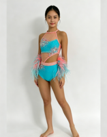 Costume de danse jazz à paillettes bleu pour filles, taille petite, deux pièces, pour spectacle, compétition, tenue de danseuse
