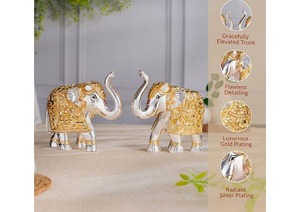Gold and Silver Plated TrunkUp Elephant Pair Decorative Hindu Statue Home Decor Pooja Gift Premium Handicraft Collection - Product Image 3