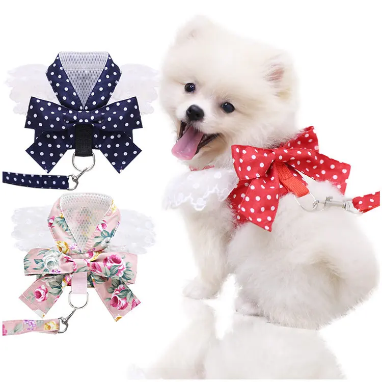 Bonito conjunto de arnés y correa para perros de Corea, vestido de arnés de lunares con correa para perros pequeños y medianos