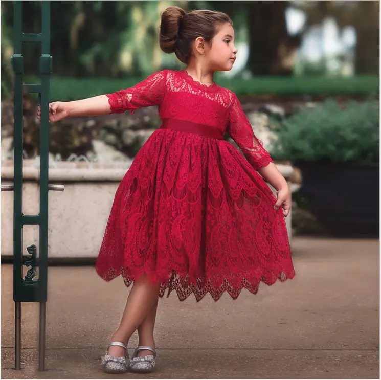 Rouge Enfants Robes Pour Filles Fleur Dentelle Tulle Robe De Mariage Petite Fille Cérémonie Fête D'anniversaire Robe Enfants Automne Clothin