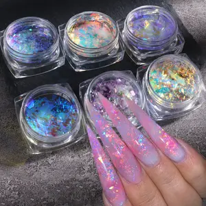 Bubuk Kuku Opal Api Kristal, Payet Kuku Ungu Hologram Glitter Bubuk Krom untuk Paillette Kuku Musim Semi