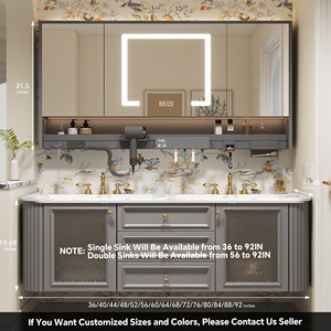 Mueble de Baño Moderno de Lujo Francés Color Crema, Lavabo Simple/Doble, Encimera de Madera, Lavabo de Cerámica, Espejo Inteligente, Gabinete de Pared - Product Image 6