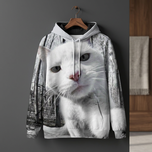 Sweat-shirt à capuche pour homme, imprimé chat blanc, coupe classique, décontracté, hiver, tricoté en polyester, design par sublimation - Product Image 3