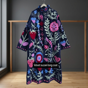 Manteau long en velours Suzani brodé à la main pour femme, motif floral bleu fraise, veste longue ouverte sur le devant, robe kimono, style bohème, hiver - Product Image 6