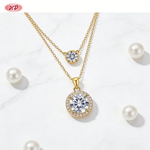Collar con Colgante de Halo de Circonita AAA de Doble Capa Chapado en Oro de 18K de Latón al por Mayor con Cadena de Eslabones para Mujer - Aniversario - Product Image 5