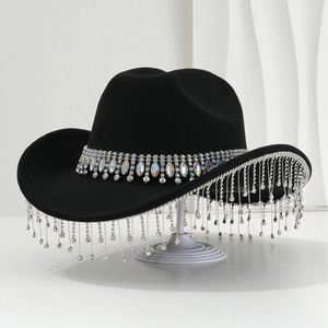 Sombrero vaquero de fieltro para mujer con borla grande de gemas redondas y diamantes de imitación, ideal para fiestas nupciales - Product Image 4