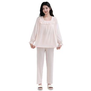 Jeden Bird <b>Cloud</b> Cotton Pajama Set With Bra Pads Square <b>Neck</b> Long Sleeves Pants Women Sleepwear L-XL - Product Image 5