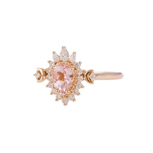 Bague en argent sterling 925 plaqué or rose, croissant de lune Art Déco, morganite, diamants autour, bague de mariage - Product Image 2