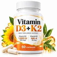 Capsules de Vitamine D3+K2 à Marque Blanche OEM, 1000 UI/45 µg, 60 Capsules Végétales, Soutien Nutritionnel pour la Santé des Os, des Dents et du Système Immunitaire