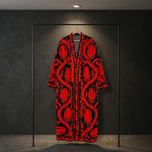 Veste kimono longue en velours noir brodée à la main de style Suzani indien, motif floral rouge tulipe vintage pour femme, vente en gros - Product Image 1