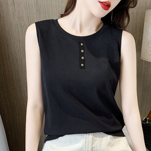 Women Sleeveless Vest White Solid Color Buttons Micro Elasticity Summer Casual Wear Base Layer Top - Product Image 3