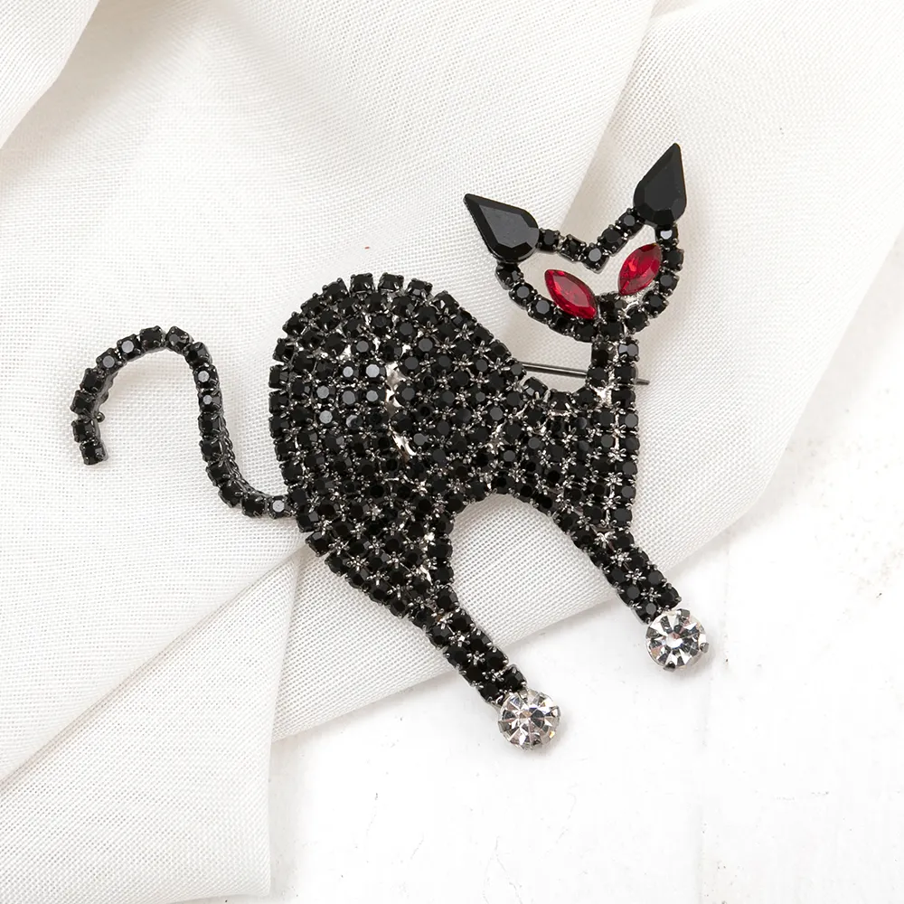 Bijoux en plaqué argent de haute qualité, vente en gros, broche de sécurité de luxe avec strass noir pour femme et chat