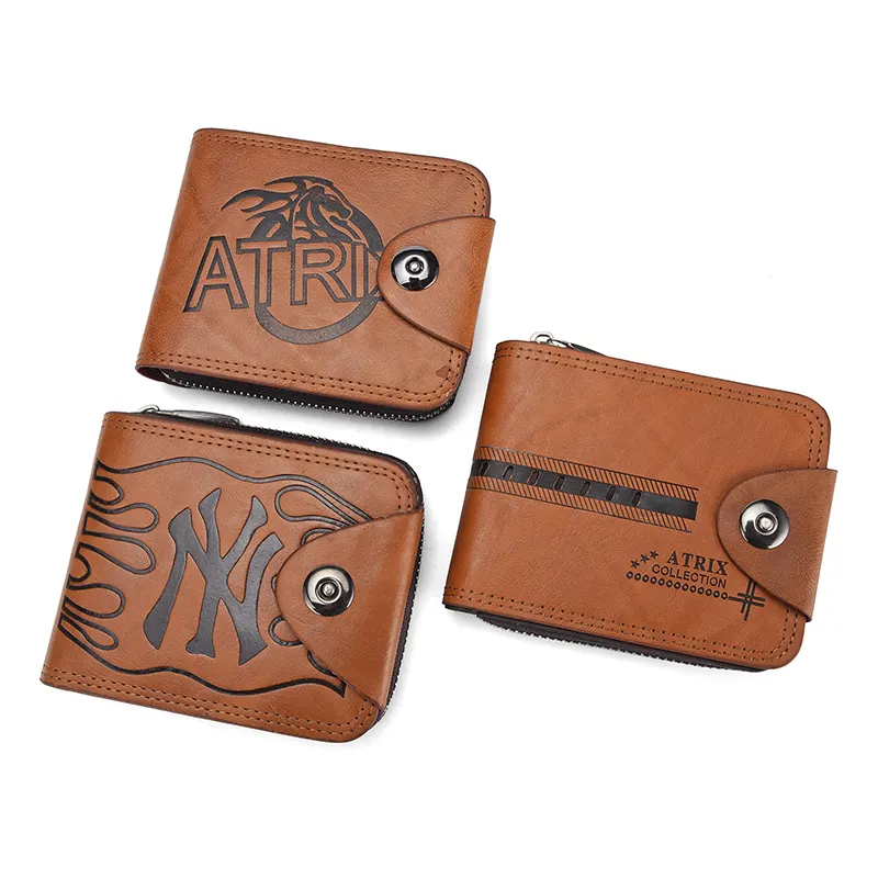 Retro Men's Luxury Zipper Wallet Customized Pattern Brown PU Leather Coin Wallet For Men